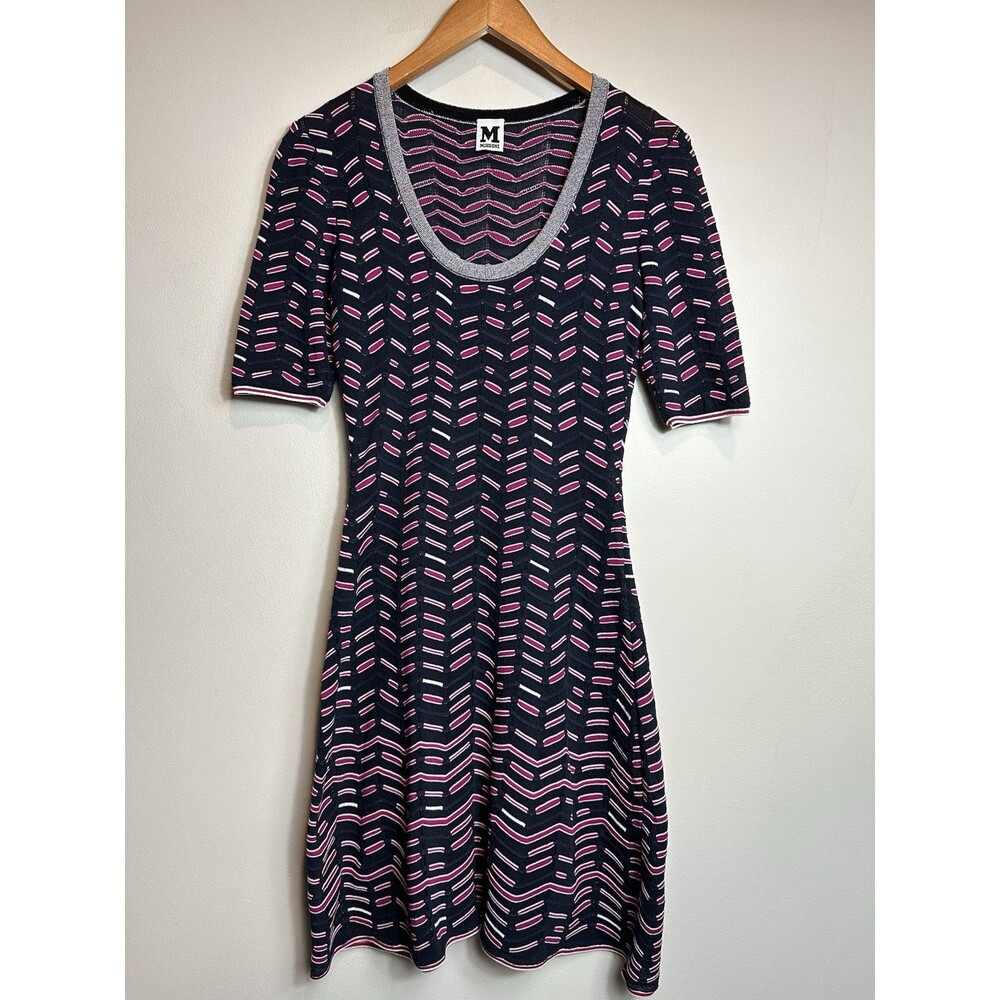 M Missoni Knit Fit & Flare Dress US 6 / IT 42 Blue Pink Ivory Metallic Pointelle